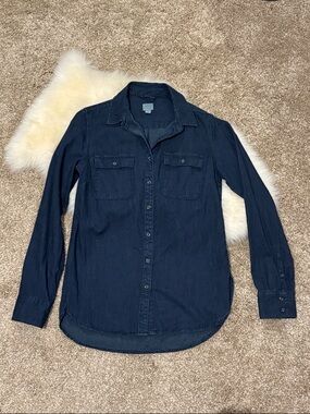 A New Day Women’s Cotton Button-Up Denim Blue Shirt Long Sleeve Pockets Size S
